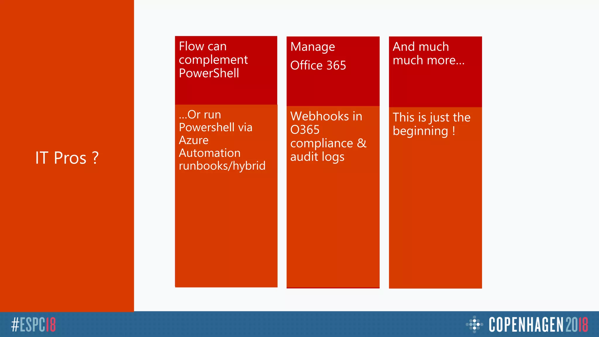 Flow can
complement
PowerShell
Manage
Office 365
…Or run
Powershell via
Azure
Automation
runbooks/hybrid
Webhooks in
O365
compliance &
audit logs
And much
much more…
This is just the
beginning !
 