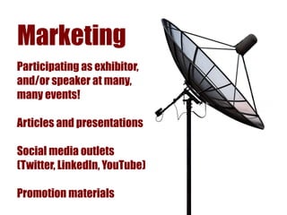 Marketing
Participating as exhibitor,
and/or speaker at many,
many events!

Articles and presentations

Social media outlets
(Twitter, LinkedIn, YouTube)

Promotion materials
 