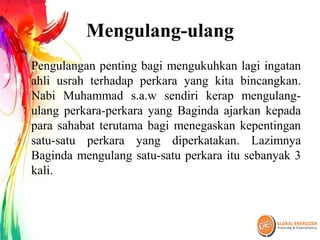 Mengulang-ulang
Pengulangan penting bagi mengukuhkan lagi ingatan
ahli usrah terhadap perkara yang kita bincangkan.
Nabi Muhammad s.a.w sendiri kerap mengulang-
ulang perkara-perkara yang Baginda ajarkan kepada
para sahabat terutama bagi menegaskan kepentingan
satu-satu perkara yang diperkatakan. Lazimnya
Baginda mengulang satu-satu perkara itu sebanyak 3
kali.
 