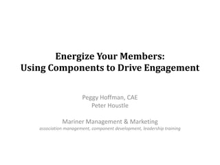 Energize Your Members:
Using Components to Drive Engagement

                       Peggy Hoffman, CAE
                          Peter Houstle

             Mariner Management & Marketing
   association management, component development, leadership training
 