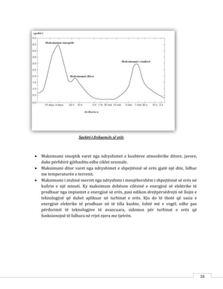 16
Spektri i frekuencës së erës
 Maksimumi sinoptik varet nga ndryshimet e kushteve atmosferike ditore, javore,
duke përfshirë gjithashtu edhe ciklet sezonale.
 Maksimumi ditor varet nga ndryshimet e shpejtësisë së erës gjatë një dite, lidhur
me temperaturën e terrenit.
 Maksimumi i stuhisë merret nga ndryshimi i menjëhershëm i shpejtësisë së erës në
kufirin e një minuti. Ky maksimum dobëson cilësinë e energjisë së elektrike të
prodhuar nga impiantet e energjisë së erës, pasi ndikon drejtpërsëdrejti në llojin e
teknologjisë që duhet aplikuar në turbinat e erës. Kjo do të thotë që sasia e
energjisë elektrike të prodhuar në të tilla kushte, është më e vogël, edhe pas
përdorimit të teknologjive të avancuara, sidomos për turbinat e erës që
funksionojnë të lidhura në rrjet njera me tjetrën.
 