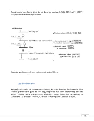 55
Bashkëpunimi me shtetet fqinje ka një kapacitet prej rreth 3000 MW, ku 2315 MW i
takojnë kontributit të energjisë së erës.
Kapaciteti i prodhimit përçdo nivel tensioni brenda zonës së Eltra-s
ÇËSHTJET OPERATIVE
Tregu elektrik nordik përfshin vendet si Suedia, Norvegjia, Finlanda dhe Norvegjia. Edhe
Islanda gjithashtu bën pjesë në këtë treg, megjithëse nuk lidhet drejtpërdrejt me këto
vënde. Popullsia e krejt kësaj zone arrin afërsisht 24 milion banorë, nga ku 5.4 milion në
Danimarkë, 5.2 milion në Finlandë, 4.5 milion në Norvegji dhe 8.9 milion në Suedi.
 