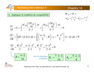 Résistance des matériaux II Chapitre 145
RM
⎞⎛∂⎞⎛∂ M
xRM AB ⋅=
22
2
xw
xR
Lw
MBC
⋅
−⋅⎟
⎠
⎞
⎜
⎝
⎛
−
⋅
=
4. Appliquer la condition de compatibilité
0
00
=
⋅
⋅⎟
⎠
⎞
⎜
⎝
⎛
∂
∂
+
⋅
⋅⎟
⎠
⎞
⎜
⎝
⎛
∂
∂
==
∂
∂
∫∫
L
BC
BCL
AB
AB
A
IE
dx
R
M
M
IE
dx
R
M
M
R
U
δ
( ) ( ) ( ) 0
220
2
=⋅−⋅⎥
⎦
⎤
⎢
⎣
⎡ ⋅
−⋅⎟
⎠
⎞
⎜
⎝
⎛ −
⋅
+⋅⋅⋅=
∂
∂
∫∫
LL
o
dxx
xw
xR
Lw
dxxxR
R
U
0 ⎦⎣o
0
423323
4333
=
⋅
⋅
+
⋅
+
⋅
⋅⋅
−
⋅
=
∂
∂ LwLRLLwLR
R
U
423323∂R
16
Lw
R
⋅
=
16
7 Lw
RC
⋅⋅
=
8
5 Lw
RB
⋅⋅
=
Avec les équations
d’équilibre
Préparé par Henri Yelle, ing, Marie Bernard, ing et Daniel Therriault, ing.
16 16
C
8
B
13
d équilibre
 