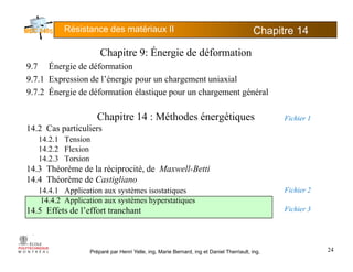 Résistance des matériaux II Chapitre 145
Ch it 9 É i d déf tiChapitre 9: Énergie de déformation
9.7 Énergie de déformation
9.7.1 Expression de l’énergie pour un chargement uniaxial
9.7.2 Énergie de déformation élastique pour un chargement général
Chapitre 14 : Méthodes énergétiques Fichier 1Chapitre 14 : Méthodes énergétiques
14.2 Cas particuliers
14.2.1 Tension
14.2.2 Flexion
Fichier 1
14.2.3 Torsion
14.3 Théorème de la réciprocité, de Maxwell-Betti
14.4 Théorème de Castigliano
h14.4.1 Application aux systèmes isostatiques
14.4.2 Application aux systèmes hyperstatiques
14.5 Effets de l’effort tranchant
Fichier 2
Fichier 3
Préparé par Henri Yelle, ing, Marie Bernard, ing et Daniel Therriault, ing. 24
 