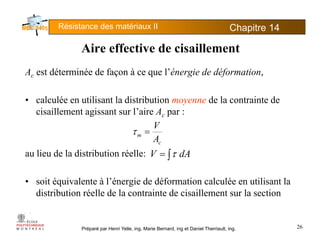 Résistance des matériaux II Chapitre 145
Ai ff ti d i ill tAire effective de cisaillement
Ac est déterminée de façon à ce que l’énergie de déformation,c ç q g f
• calculée en utilisant la distribution moyenne de la contrainte de
cisaillement agissant sur l’aire Ac par :
m
A
V
=τ
au lieu de la distribution réelle:
cA
∫= dAV τ
• soit équivalente à l’énergie de déformation calculée en utilisant la
distribution réelle de la contrainte de cisaillement sur la section
Préparé par Henri Yelle, ing, Marie Bernard, ing et Daniel Therriault, ing. 26
 