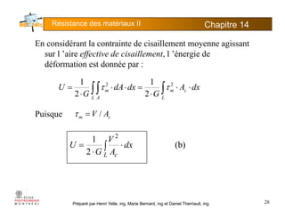 Résistance des matériaux II Chapitre 145
E idé l i d i ill iEn considérant la contrainte de cisaillement moyenne agissant
sur l ’aire effective de cisaillement, l ’énergie de
déformation est donnée par :p
∫∫∫ ⋅⋅
⋅
=⋅⋅
⋅
=
L
cm
L A
m dxA
G
dxdA
G
U 22
2
1
2
1
ττ
Puisque
LL A
GG 22
cm AV /=τ
(b)
2
1 2
∫ ⋅= dx
A
V
G
U
2⋅ L cAG
Préparé par Henri Yelle, ing, Marie Bernard, ing et Daniel Therriault, ing. 28
 