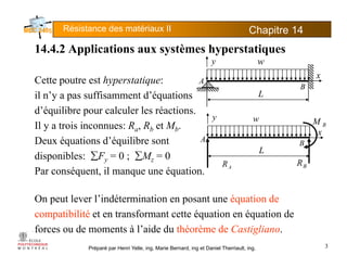 Résistance des matériaux II Chapitre 145
14 4 2 Applications aux systèmes hyperstatiques14.4.2 Applications aux systèmes hyperstatiques
Cette poutre est hyperstatique: A
w
xx
y
Cette poutre est hyperstatique:
il n’y a pas suffisamment d’équations
d’équilibre pour calculer les réactions.
y
A
L
BB
Il y a trois inconnues: Ra, Rb et Mb.
Deux équations d’équilibre sont
BM
L
w
A B
x
y
disponibles: ∑Fy = 0 ; ∑Mz = 0
Par conséquent, il manque une équation.
AR
L
BR
On peut lever l’indétermination en posant une équation de
compatibilité et en transformant cette équation en équation de
Préparé par Henri Yelle, ing, Marie Bernard, ing et Daniel Therriault, ing.
p q q
forces ou de moments à l’aide du théorème de Castigliano.
3
 