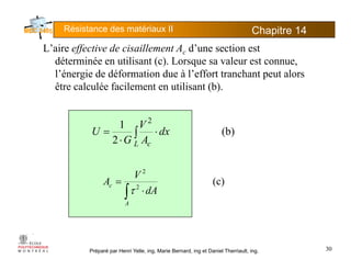 Résistance des matériaux II Chapitre 145
L’aire effective de cisaillement A d’une section estL aire effective de cisaillement Ac d une section est
déterminée en utilisant (c). Lorsque sa valeur est connue,
l’énergie de déformation due à l’effort tranchant peut alors
êt l lé f il t tili t (b)être calculée facilement en utilisant (b).
2
(b)
2
1 2
∫ ⋅
⋅
=
L c
dx
A
V
G
U
(c)2
2
∫
=c
dA
V
A ( )2
∫ ⋅
A
c
dAτ
Préparé par Henri Yelle, ing, Marie Bernard, ing et Daniel Therriault, ing. 30
 