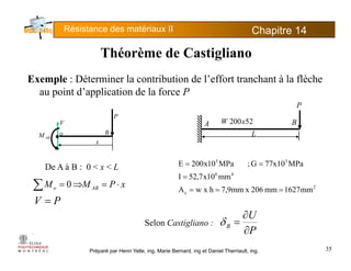 Résistance des matériaux II Chapitre 145
Thé è d C ti liThéorème de Castigliano
Exemple : Déterminer la contribution de l’effort tranchant à la flèchep
au point d’application de la force P
P
P
L
52200xWA B
P
V
ABM B
x
•o
xPMM AB ⋅=⇒=∑ 0 2
46
33
h
mm10x7,52I
MPa77x10G;MPa10x200E
=
==De A à B : 0 < x < L
xPMM ABo ⇒∑ 0 2
c mm1627mm206x7,9mmhxwA ===
PV =
S l C ti li
U∂
δ
Préparé par Henri Yelle, ing, Marie Bernard, ing et Daniel Therriault, ing. 35
Selon Castigliano :
P
B
∂
=δ
 