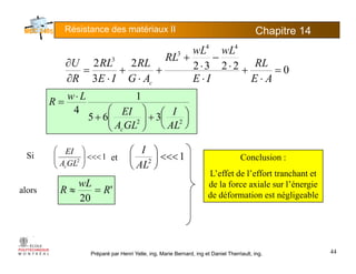 Résistance des matériaux II Chapitre 145
44
wLwL
022322
3
2
3
3
=
⋅
+
⋅
⋅
−
⋅
+
+
⋅
+
⋅
=
∂
∂
AE
RL
IE
wLwL
RL
AG
RL
IE
RL
R
U
c
⎟
⎠
⎞
⎜
⎝
⎛+⎟⎟
⎞
⎜⎜
⎛
+
⋅
=
22
365
1
4 IEI
Lw
R
⎟
⎠
⎜
⎝
+⎟⎟
⎠
⎜⎜
⎝
+ 22
365
ALGLAc
1⎟
⎞
⎜
⎛ EI
1⎟
⎞
⎜
⎛ ISi C l i12
<<<⎟⎟
⎠
⎜⎜
⎝ GLAc
12
<<<⎟
⎠
⎞
⎜
⎝
⎛
AL
'R
wL
R ≈
Si et
l
Conclusion :
L’effet de l’effort tranchant et
de la force axiale sur l’énergie
'
20
RR =≈alors
g
de déformation est négligeable
Préparé par Henri Yelle, ing, Marie Bernard, ing et Daniel Therriault, ing. 44
 