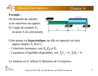 Résistance des matériaux II Chapitre 145
E lExemple :
On demande de calculer
a) les réactions aux appuis A
mNw /,
B Ca) les réactions aux appuis
b) l’angle de rotation θ A
au point A de cette poutre.
L L
A B
p p
Cette poutre est hyperstatique car elle est appuyée sur trois
appuis simples A, B et C:
– 3 réactions inconnues, soit RA,RB et RC
2 équations d’équilibre disponibles soit ∑F = 0 ; ∑M = 0– 2 équations d équilibre disponibles, soit ∑Fy = 0 ; ∑Mz = 0
La solution est d ’utiliser le théorème de Castigliano.
Préparé par Henri Yelle, ing, Marie Bernard, ing et Daniel Therriault, ing.
La solution est d utiliser le théorème de Castigliano.
8
 