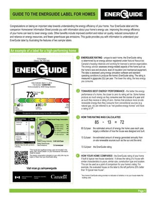 2
3
4
1
2
3
4
- =
GUIDE TO THE ENERGUIDE LABEL FOR HOMES
Page 1
TOWARDS BEST ENERGY PERFORMANCE -
HOW THIS RATING WAS CALCULATED
HOW YOUR HOME COMPARES
ENERGUIDE RATING
 