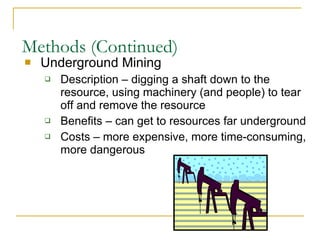 Methods (Continued) Underground Mining Description – digging a shaft down to the resource, using machinery (and people) to tear off and remove the resource Benefits – can get to resources far underground Costs – more expensive, more time-consuming, more dangerous 