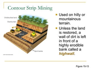 Contour Strip Mining Used on hilly or mountainous terrain. Unless the land is restored, a wall of dirt is left in front of a highly erodible bank called a  highwall . Figure 15-13 