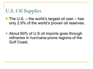 U.S. Oil Supplies The U.S. – the world’s largest oil user – has only 2.9% of the world’s proven oil reserves. About 60% of U.S oil imports goes through refineries in hurricane-prone regions of the Gulf Coast. 