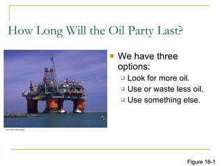 How Long Will the Oil Party Last?  We have three options: Look for more oil. Use or waste less oil. Use something else. Figure 16-1 
