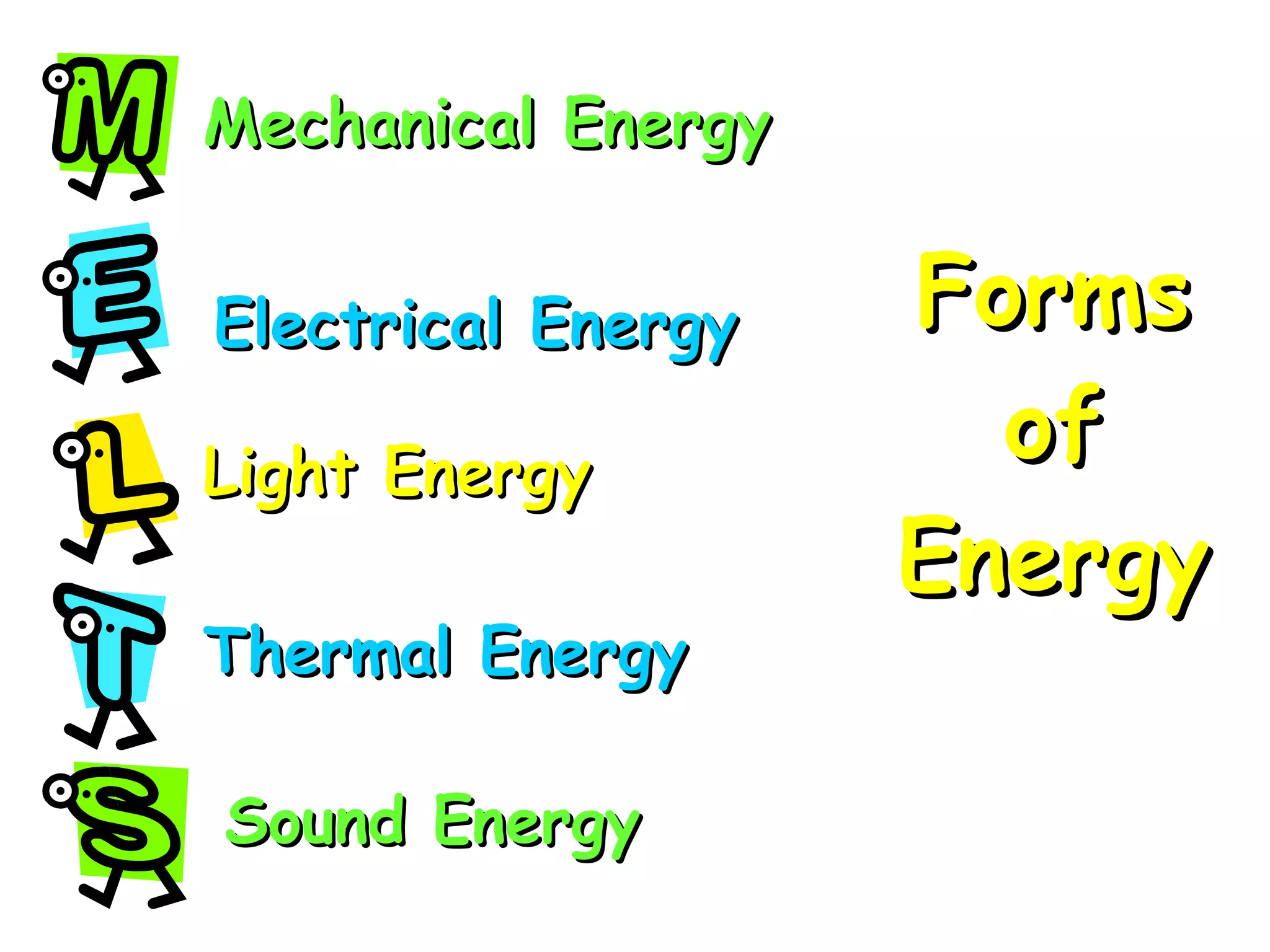 Forms of Energy Mechanical Energy Sound Energy Electrical Energy Thermal Energy Light Energy