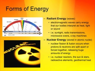 Forms of Energy Radiant Energy   (waves) electromagnetic waves carry energy that our bodies interpret as heat, light or sound i.e. sunlight, radio transmissions, microwave ovens, x-ray machines Nuclear Energy   (stored in atomic nuclei) nuclear fission & fusion occurs when protons & neutrons are split apart or forced together, releasing huge amounts of energy  i.e. nuclear reactors, the sun & stars, radioactive elements, geothermal heat 