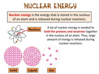 nuclear Energy
Nuclear energy is the energy that is stored in the nucleus
  of an atom and is released during nuclear reactions.

                           A lot of nuclear energy is needed to
              Nucleus
                         hold the protons and neutrons together
                          in the nucleus of an atom. Thus, large
                           amount of energy is released during
                                     nuclear reactions.




Solid        Liquid         Gas
 