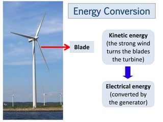 Energy Conversion

         Kinetic energy
        (the strong wind
Blade
        turns the blades
           the turbine)



        Electrical energy
          (converted by
         the generator)
 