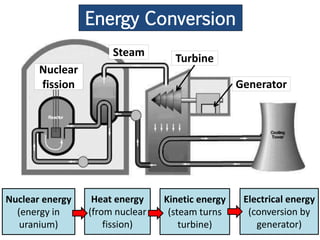 Energy Conversion
                      Steam
                                   Turbine
       Nuclear
       fission                                    Generator




Nuclear energy    Heat energy    Kinetic energy    Electrical energy
  (energy in     (from nuclear    (steam turns      (conversion by
   uranium)          fission)        turbine)         generator)
 