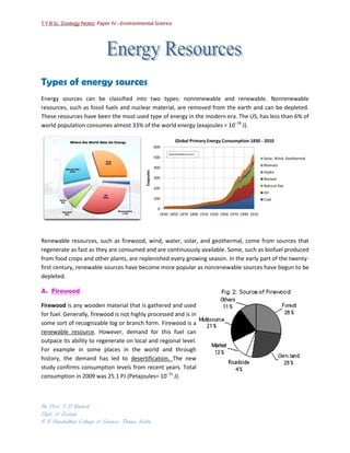 T Y B Sc. Zoology Notes: Paper IV –Environmental Science
By Prof. S D Rathod
Dept. of Zoology
B N Bandodkar College of Science, Thane, India
Types of energy sources
Energy sources can be classified into two types: nonrenewable and renewable. Nonrenewable
resources, such as fossil fuels and nuclear material, are removed from the earth and can be depleted.
These resources have been the most used type of energy in the modern era. The US, has less than 6% of
world population consumes almost 33% of the world energy (exajoules = 10−18
J).
Renewable resources, such as firewood, wind, water, solar, and geothermal, come from sources that
regenerate as fast as they are consumed and are continuously available. Some, such as biofuel produced
from food crops and other plants, are replenished every growing season. In the early part of the twenty-
first century, renewable sources have become more popular as nonrenewable sources have begun to be
depleted.
A. Firewood
Firewood is any wooden material that is gathered and used
for fuel. Generally, firewood is not highly processed and is in
some sort of recognizable log or branch form. Firewood is a
renewable resource. However, demand for this fuel can
outpace its ability to regenerate on local and regional level.
For example in some places in the world and through
history, the demand has led to desertification. The new
study confirms consumption levels from recent years. Total
consumption in 2009 was 25.1 PJ (Petajoules= 10−15
J).
 