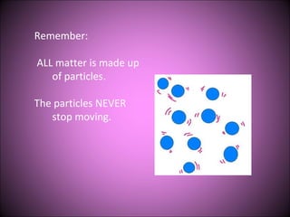 Remember:
ALL matter is made up
of particles.
The particles NEVER
stop moving.
 