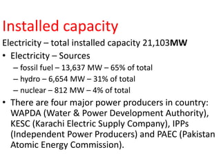 Installed capacity 
Electricity – total installed capacity 21,103MW 
• Electricity – Sources 
– fossil fuel – 13,637 MW – 65% of total 
– hydro – 6,654 MW – 31% of total 
– nuclear – 812 MW – 4% of total 
• There are four major power producers in country: 
WAPDA (Water & Power Development Authority), 
KESC (Karachi Electric Supply Company), IPPs 
(Independent Power Producers) and PAEC (Pakistan 
Atomic Energy Commission). 
 