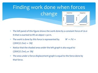  The left panel of this figure shows the work done by a constant force of 20.0
N that is exerted to lift an object 1.50 m.
 The work is done by this force is represented by 𝑊 = 𝐹𝑑 =
20𝑁 1.5𝑚 = 30𝐽
 Notice that the shaded area under the left graph is also equal to
20𝑁 1.5𝑚 , 𝑜𝑟 30𝐽
 The area under a force-displacement graph is equal to the force done by
that force.
Finding work done when forces
change
 