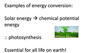 Examples of energy conversion:
Solar energy  chemical potential
energy
:: photosynthesis
Essential for all life on earth!
 