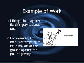 Example of Work Lifting a load against Earth’s gravitational pull For example, this man is attempting to lift a box off of the ground against the pull of gravity. 