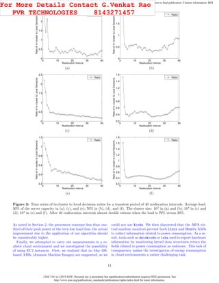 2168-7161 (c) 2015 IEEE. Personal use is permitted, but republication/redistribution requires IEEE permission. See
http://www.ieee.org/publications_standards/publications/rights/index.html for more information.
This article has been accepted for publication in a future issue of this journal, but has not been fully edited. Content may change prior to final publication. Citation information: DOI
10.1109/TCC.2015.2396059, IEEE Transactions on Cloud Computing
0 10 20 30 40
0
0.5
1
1.5
2
2.5
Reallocation Interval
RatioofIn−clustertoLocalDecisions
Ratio
0 10 20 30 40
0
0.5
1
1.5
2
Reallocation Interval
RatioofIn−clustertoLocalDecisions
Ratio
(a) (b)
0 10 20 30 40
0
0.5
1
1.5
2
2.5
Reallocation Interval
RatioofIn−clustertoLocalDecisions
Ratio
0 10 20 30 40
0.2
0.4
0.6
0.8
1
1.2
1.4
1.6
Reallocation Interval
RatioofIn−clustertoLocalDecisions
Ratio
(c) (d)
0 10 20 30 40
0.2
0.4
0.6
0.8
1
1.2
Reallocation Interval
RatioofIn−clustertoLocalDecisions
Ratio
0 10 20 30 40
0.2
0.4
0.6
0.8
1
1.2
1.4
1.6
1.8
Reallocation Interval
RatioofIn−clustertoLocalDecisions
Ratio
(e) (f)
Figure 3: Time series of in-cluster to local decisions ratios for a transient period of 40 reallocation intervals. Average load:
30% of the server capacity in (a), (c), and (e); 70% in (b), (d), and (f). The cluster size: 102
in (a) and (b); 103
in (c) and
(d); 104
in (e) and (f). After 40 reallocation intervals almost double rations when the load is 70% versus 30%.
As noted in Section 2, the processors consume less than one-
third of their peak power at the very-low load thus, the actual
improvement due to the application of our algorithm should
be considerably higher.
Finally, we attempted to carry out measurements in a re-
alistic cloud environment and we investigated the possibility
of using EC2 instances. First, we realized that no Mac OS-
based AMIs (Amazon Machine Images) are supported, so we
could not use Xcode. We then discovered that the AWS vir-
tual machine monitors prevent both Linux and Ubuntu AMIs
to collect information related to power consumption. As a re-
sult, tools such as dmidecode or lshw used to report hardware
information by monitoring kernel data structures return the
ﬁelds related to power consumption as unknown. This lack of
transparency makes the investigation of energy consumption
in cloud environments a rather challenging task.
11
For More Details Contact G.Venkat Rao
PVR TECHNOLOGIES 8143271457
 