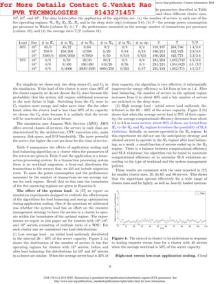 2168-7161 (c) 2015 IEEE. Personal use is permitted, but republication/redistribution requires IEEE permission. See
http://www.ieee.org/publications_standards/publications/rights/index.html for more information.
This article has been accepted for publication in a future issue of this journal, but has not been fully edited. Content may change prior to final publication. Citation information: DOI
10.1109/TCC.2015.2396059, IEEE Transactions on Cloud Computing
Table 3: The eﬀects of application scaling and load balancing algorithm on a system with the parameters described in Table
2. We experimented with two average system loads, 30% and 70% of the server capacity and three diﬀerent cluster sizes,
102
, 103
, and 104
. The data before/after the application of the algorithm are: (a) the number of servers in each one of the
ﬁve operating regimes, R1, R2, R3, R4, R5 and in the sleep state (slp) (columns 3-8); (b) P - the average power consumption
per processor in Watts (column 9); (c) T - the performance measured as the average number of transactions per processor
(column 10); and (d) the average ratio T/P (column 11).
Load Size # in R1 # in R2 # in R3 # in R4 # in R5 # in slp P T T/P
30% 102
65/0 35/27 0/64 0/2 0/3 0/4 188/197 264/746 1.4/3.8
103
550/0 450/300 0/598 0/20 0/64 0/18 190/214 442/825 2.3/3.8
104
5500/0 4500/3050 0/5950 0/50 0/319 0/631 190/203 442/771 2.3/3.8
70% 102
0/0 0/58 20/35 80/2 0/5 0/0 234/204 1,052/742 4.5/3.6
103
0/0 0/430 190/490 810/20 0/56 0/4 234/215 1,054/823 4.5 /3.7
104
0/0 0/4000 2000/4500 8000/250 0/233 0/17 235/193 1,052/715 4.5/3.7
For simplicity we chose only two sleep states C3 and C6 in
the simulation. If the load of the cluster is more than 60% of
the cluster capacity we do not choose the C6 state because the
probability that the system will require additional resources
in the next future is high. Switching from the C6 state to
C0 requires more energy and takes more time. On the other
hand, when the cluster load is less than 60% of its capacity
we choose the C6 state because it is unlikely that the server
will be reactivated in the next future.
The simulation uses Amazon Web Services (AWS). AWS
oﬀers several classes of services; the servers in each class are
characterized by the architecture, CPU execution rate, main
memory, disk space, and I/O bandwidth. The more powerful
the server, the higher the cost per hour for the class of service.
Table 3 summarizes the eﬀects of application scaling and
load balancing algorithm on a cluster when the parameters of
the servers are given in Table 2 and the application is a trans-
action processing system. In a transaction processing system
there is no workload migration, a front-end distributes the
transactions to the servers thus, we did not include migration
costs. To asses the power consumption and the performance
measured by the number of transactions we use average val-
ues for each regime. Recall that in this case the boundaries
of the ﬁve operating regimes are given in Equation 6.
The eﬀect of the system load. In [27] we report on
simulation experiments designed to evaluate the eﬀectiveness
of the algorithms for load balancing and energy optimization
during application scaling. One of the questions we addressed
was whether the system load has an eﬀect on the resource
management strategy to force the servers in a cluster to oper-
ate within the boundaries of the optimal regime. The exper-
iments we report in this paper are for clusters with 102
, 103
,
and 104
servers consisting of multiple racks of a WSC. For
each cluster size we considered two load distributions:
(i) Low average load - an initial load uniformly distributed
in the interval 20 − 40% of the server capacity. Figure 2 (a)
shows the distribution of the number of servers in the ﬁve
operating regimes for clusters with 104
servers, before and
after load balancing; the distributions for 102
and 103
servers
in a cluster are similar. When the average server load is 30% of
their capacity, the algorithm is very eﬀective; it substantially
improves the energy eﬃciency to 3.8 from as low as 1.4. After
load balancing, the number of servers in the optimal regime
increases from 0 to about 60% and a fair number of servers
are switched to the sleep state.
(ii) High average load - initial server load uniformly dis-
tributed in the 60 − 80% of the server capacity. Figure 2 (b)
shows that when the average server load is 70% of their capac-
ity, the average computational eﬃciency decreases from about
4.5 to 3.6 as many servers, about 80% of them, are forced from
R4 to the R2 and R3 regimes to reduce the possibility of SLA
violations. Initially, no servers operated in the R5 regime. In
this experiment we did not use the anticipatory strategy and
allowed servers to operate in the R5 regime after load balanc-
ing; as a result, a small fraction of servers ended up in the R5
regime. There is a balance between computational eﬃciency
and SLA violations; the algorithm can be tuned to maximize
computational eﬃciency or to minimize SLA violations ac-
cording to the type of workload and the system management
policies.
These results are consistent with the ones reported in [27]
for smaller cluster sizes, 20, 40, 60, and 80 servers. This shows
that the algorithms operate eﬀectively for a wide range of
cluster sizes and for lightly, as well as, heavily loaded systems.
0 10 20 30 40 50 60 70 80 90 100 110
0
1
2
3
4
5
Time
RatioofInclustertoLocalDecisions
Ratio
Figure 4: The ratio of in-cluster to local decisions in response
to scaling requests versus time for a cluster with 40 servers
when the average workload is 50% of the server capacity.
High-cost versus low-cost application scaling. Cloud
9
For More Details Contact G.Venkat Rao
PVR TECHNOLOGIES 8143271457
 