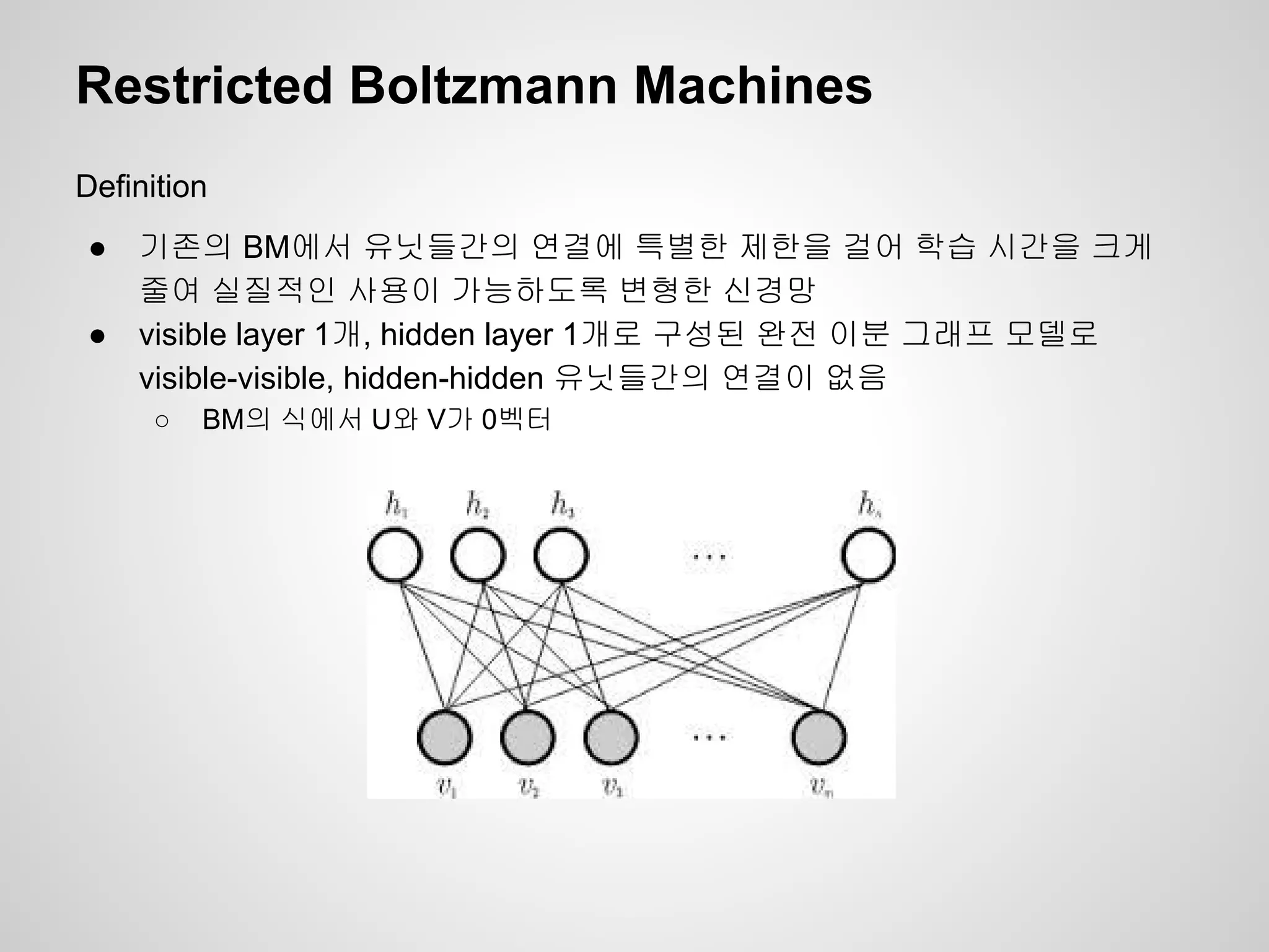 Restricted Boltzmann Machines 
Definition 
● 기존의 BM에서 유닛들간의 연결에 특별한 제한을 걸어 학습 시간을 크게 
줄여 실질적인 사용이 가능하도록 변형한 신경망 
● visible layer 1개, hidden layer 1개로 구성된 완전 이분 그래프 모델로 
visible-visible, hidden-hidden 유닛들간의 연결이 없음 
○ BM의 식에서 U와 V가 0벡터 
 