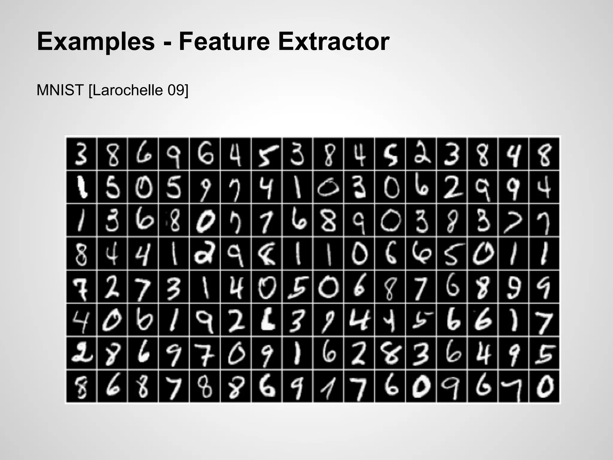 Examples - Feature Extractor 
MNIST [Larochelle 09] 
 
