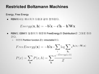 Restricted Boltzmann Machines 
Energy, Free Energy 
● RBM에서는 에너지가 다음과 같이 정의된다. 
● RBM도 EBM의 일종이기 때문에 FreeEnergy와 Distribution은 그대로 따라 
간다. 
○ 여전히 Partition function Z는 intractable하다. 
 