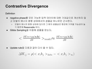 Contrastive Divergence 
Definition 
● negative phase를 모든 가능한 입력 데이터에 대한 기대값으로 계산하지 않 
고 모델의 에너지 평형 상태에서의 샘플값 하나로만 근사한다. 
○ 모델이 에너지 평형 상태에 있다면 그 때의 샘플값은 평균에 가까울 가능성이 높 
기 때문에 Reasonable 하다. 
● Gibbs Sampling을 이용해 샘플을 얻는다. 
● Update rule을 다음과 같이 다시 쓸 수 있다. 
 
