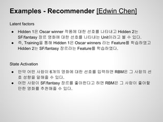 Examples - Recommender [Edwin Chen] 
Latent factors 
● Hidden 1은 Oscar winner 작품에 대한 선호를 나타내고 Hidden 2는 
SF/fantasy 장르 영화에 대한 선호를 나타내는 Unit이라고 볼 수 있다. 
● 즉, Training을 통해 Hidden 1은 Oscar winners 라는 Feature를 학습하였고 
Hidden 2는 SF/fantasy 장르라는 Feature를 학습하였다. 
State Activation 
● 만약 어떤 사람이 6개의 영화에 대한 선호를 입력하면 RBM은 그 사람의 선 
호 성향을 말해줄 수 있다. 
● 어떤 사람이 SF/fantasy 장르를 좋아한다고 하면 RBM은 그 사람이 좋아할 
만한 영화를 추천해줄 수 있다. 
 