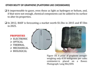 Figure 10. A piece of graphene aerogel-
weighing only 0.16 milligrams per cubic
centimeter-is placed on a flower.
Photograph: Long Wei/EPA
OTHER BEUTY OF GRAPHENE (PLATFORM LIKE CHESSBOARD)
 It impermeable to gases, even those as light as hydrogen or helium, and,
if that were not enough, chemical components can be added to its surface
to alter its properties.
 In 2012, BASF is forecasting a market worth $1.5bn in 2015 and $7.5bn
in 2025.
PROPERTIES
 ELECTRONIC
 OPTICAL
 THERMAL
 MECHANICAL
 BIOLOGICAL
 