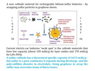 A new cathode material for rechargeable lithium-sulfur batteries - by
wrapping sulfur particles in graphene sheets.
16 16
Current electric-car batteries 'weak spot' is the cathode materials that
have low capacity (about 150 mAh/g for layer oxides and 170 mAh/g
for LiFe-PO4).
A sulfur cathode has a theoretical specific capacity of 1672 mAh/g -
but sulfur is a poor conductor, it expands during discharge, and the
poly-sulfides dissolve in electrolyte. Using graphene to wrap the
sulfur may overcome many of these issues.
F
I
G
U
R
E
F
I
G
U
R
E
 