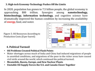 3. High-tech Economy-Technology Pushes Off the Limits
4. Political Turmoil
• Oil Problems Created Political Flash Points
• Water shortages across much of India and China had induced migrations of people
in unsettled conditions, and migrations of the poor to the richer areas have caused
civil strife around the world, which continued the political turmoil.
• Meanwhile, Russia, Europe, and New Nuclear Plants
• Unstable Oil Supply Forces the U.S. and Canada Closer Together
In 2020, population has grown to 7.5 billion people, the global economy is
approaching $80 trillion. Synergies among nanotechnology,
biotechnology, information technology, and cognitive science have
dramatically improved the human condition by increasing the availability
of energy, food, and water.
Figure 3. Oil Resources According to
Production Costs ($ per barrel)
 