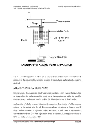 Department of Chemical Engineering,                                                            Energy Engineering (Lab Manual) 
Wah Engineering College, University of Wah, Wah Cantt 
For queries on this page write at zaman.sajid@wecuw.edu.pk   Page| 54 
 
It is the lowest temperature at which oil is completely miscible with an equal volume of
aniline. It is the measure of the aromatic contents of the oil, hence a characteristic property
of diesel.
APLLICATIONS OF ANILINE POINT
Since aromatics dissolve aniline (itself an aromatic substance) more readily than paraffins
or iso-paraffins, the higher the aniline point, lower the aromatics and higher the paraffin
content with very high cetane number making the oil suitable for use in diesel engine.
Aniline point of oil also gives an indication of the possible deterioration of rubber sealing,
packing etc. in contact with the oil. The aromatics have a tendency to dissolve natural
rubber and certain types of synthetic rubber. Therefore, in such cases, a low aromatic
content in the lubricant (i.e., with high aniline point) is desirable. Aniline point of cetane is
95o
C and for hexyl benzene is -12o
C.
 