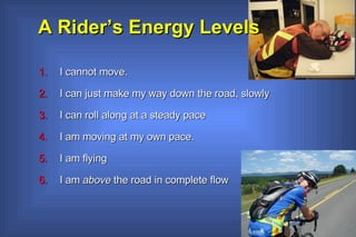 A Rider’s Energy Levels I cannot move.  I can just make my way down the road, slowly I can roll along at a steady pace I am moving at my own pace.  I am flying I am  above  the road in complete flow 