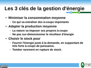Les 3 clés de la gestion d'énergie
     ●   Minimiser la consommation moyenne
         –   Ce qui va entraîner des à-coups importants
     ●   Adapter la production moyenne
         –   La nature va imposer ses propres à-coups
         –   Ne pas sur-dimensionner le récolteur d'énergie
     ●   Choisir le stock pour
         –   Fournir l'énergie juste à la demande, en supportant de
             très forts à-coups de puissance.
         –   Tomber rarement en rupture de stock.




24                                                                    24
 