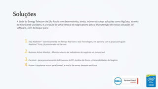 1.evO Realtime® - Gerenciamento em Tempo Real com a evO Tecnologies, em parceria com o grupo português
Realtime® Corp, já posicionado no Gartner.
2.Business Active Monitor – Monitoramento de indicadores de negócios em tempo real
3.Coretool - para gerenciamento de Processos de PCI, Análise de Riscos e Vulnerabilidades do Negócio
4.Profex – Appliance virtual para firewall, e-mail e file server baseado em Linux
Soluções
A Sede da Energy Telecom de São Paulo tem desenvolvido, ainda, inúmeras outras soluções como BigData, através
do Fabricante Cloudera, e a criação de uma vertical de Applications para a manutenção de nossas soluções de
software, com destaque para:
 