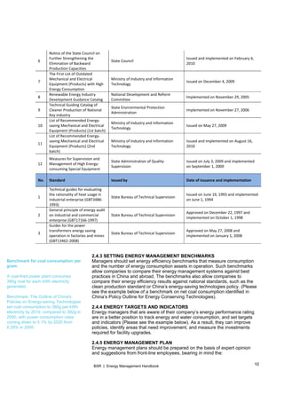 10BSR | Energy Management Handbook
Benchmark for coal consumption per
gram
A coal-fired power plant consumes
390g coal for each kWh electricity
generated.
Benchmark: The Outline of China's
Policies on Energy-saving Technologies
set coal consumption to 360g per kWh
electricity by 2010, compared to 392g in
2000, with power consumption rates
coming down to 5.1% by 2020 from
6.28% in 2000.
6 
Notice of the State Council on 
Further Strengthening the 
Elimination of Backward 
Production Capacities 
State Council 
Issued and implemented on February 6, 
2010 
7 
The First List of Outdated 
Mechanical and Electrical 
Equipment (Products) with High 
Energy Consumption 
Ministry of Industry and Information 
Technology 
Issued on December 4, 2009 
8 
Renewable Energy Industry 
Development Guidance Catalog 
National Development and Reform 
Committee 
Implemented on November 29, 2005 
9 
Technical Guiding Catalog of 
Cleaner Production of National 
Key industry 
State Environmental Protection 
Administration 
Implemented on November 27, 2006 
10 
List of Recommended Energy‐
saving Mechanical and Electrical 
Equipment (Products) (1st batch) 
Ministry of Industry and Information 
Technology 
Issued on May 27, 2009 
11 
List of Recommended Energy‐
saving Mechanical and Electrical 
Equipment (Products) (2nd 
batch) 
Ministry of Industry and Information 
Technology 
Issued and implemented on August 16, 
2010 
12 
Measures for Supervision and 
Management of High Energy‐
consuming Special Equipment 
State Administration of Quality 
Supervision 
Issued on July 3, 2009 and implemented 
on September 1, 2009 
No.  Standard  Issued by  Date of issuance and implementation 
1 
Technical guides for evaluating 
the rationality of heat usage in 
industrial enterprise (GBT3486‐
1993) 
State Bureau of Technical Supervision 
Issued on June 19, 1993 and implemented 
on June 1, 1994 
2 
General principle of energy audit 
on industrial and commercial 
enterprise (GBT17166‐1997) 
State Bureau of Technical Supervision 
Approved on December 22, 1997 and 
implemented on October 1, 1998 
3 
Guides for the power 
transformers energy saving 
operation in factories and mines 
(GBT13462‐2008) 
State Bureau of Technical Supervision 
Approved on May 27, 2008 and 
implemented on January 1, 2008 
2.4.3 SETTING ENERGY MANAGEMENT BENCHMARKS
Managers should set energy efficiency benchmarks that measure consumption
and the number of energy consumption assets in operation. Such benchmarks
allow companies to compare their energy management systems against best
practices in China and abroad. The benchmarks also allow companies to
compare their energy efficiency results against national standards, such as the
clean production standard or China’s energy-saving technologies policy. (Please
see the example below of a benchmark on net coal consumption identified in
China’s Policy Outline for Energy Conserving Technologies).
2.4.4 ENERGY TARGETS AND INDICATORS
Energy managers that are aware of their company’s energy performance rating
are in a better position to track energy and water consumption, and set targets
and indicators (Please see the example below). As a result, they can improve
policies, identify areas that need improvement, and measure the investments
required for facility upgrades.
2.4.5 ENERGY MANAGEMENT PLAN
Energy management plans should be prepared on the basis of expert opinion
and suggestions from front-line employees, bearing in mind the:
 