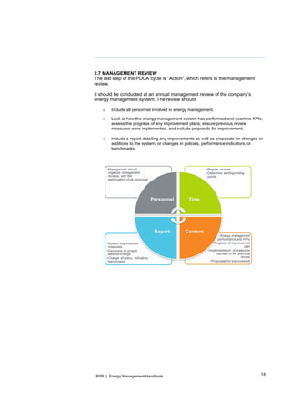 14BSR | Energy Management Handbook
2.7 MANAGEMENT REVIEW
The last step of the PDCA cycle is "Action", which refers to the management
review.
It should be conducted at an annual management review of the company’s
energy management system. The review should:
» Include all personnel involved in energy management.
» Look at how the energy management system has performed and examine KPIs;
assess the progress of any improvement plans; ensure previous review
measures were implemented, and include proposals for improvement.
» Include a report detailing any improvements as well as proposals for changes or
additions to the system, or changes in policies, performance indicators, or
benchmarks.
 