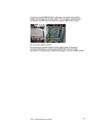 25BSR | Energy Management Handbook
A company invested RMB 50,000 in a frequency conversion and constant
voltage control project for its power station. The new system reduced power
consumption by 6500 kWh and saved the company RMB 5,200 a month.
Fig. 2-8 Elevator network controller
By introducing an elevator network control system based on frequency
conversion technology, a company saved 6,000 kWh power per month,
equivalent to monthly savings of RMB 4,800 (based on a price of RMB 0.8/kWh).
 
