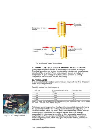 37BSR | Energy Management Handbook
Fig. 3-11 Air Leakage Detection
Fig. 3-10 Storage system of compressor
3.2.6 SELECT CONTROL STRATEGY MATCHING WITH SYSTEM LOAD
The purpose of system control is to ensure air supply satisfies air demand.
Therefore, a good control strategy is essential for maintaining a high efficiency
operation of the air system. An air system usually is made of multiple air
compressors. A good strategy is to allow full-load operation of running
compressors and stop those that are not running.
3.2.7 AIR LEAKAGE
In an industrial compressed air system, leakage may result in a 20 to 30 percent
waste of total air production.
Table 4-6 Leakage loss of compressed air
    Hole size  Air consumption at 6 bar(g) 
m
3
/min 
Power loss (kW) 
    1 mm        0.065      0.3 
    2 mm        0.240      1.7 
    4 mm        0.980      6.5 
    6 mm         2.120     12.0 
Note: If the power price is RMB 0.6/kWh and annual running time is 8000hours/year, then the leakage
loss due to a 4mm hole will be RMB 31,200/year.
Air leakage cannot be perceived visually and hence needs to be detected using
the appropriate methods. The best way to detect air leakage is by using an
ultrasonic detector, which can detect the sound of air seepage beyond ordinary
human auditory capabilities. A portable air leakage detector is generally
equipped with a microphone, an amplifier, a filter, an indicator, as well as an
earphone piece. A less complex method of air detection can be conducted by
simply using soapy water, which although a very reliable method, can also be
time-consuming.
Compressed air pipe
network
Pneumatic
equipments
Compressed air pipe
network
Large-load pneumatic
equipments
Flow regulator
 