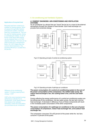 39BSR | Energy Management Handbook
Application of recycled heat
Recycled heat from cooled air is
suitable for heating spaces. When
air passes through after-heaters
and lubricant coolers, it absorbs
heat from compressed air. This can
be used for heating spaces, drying
or preheating for boilers. A rule of
thumb is that about 5kW energy
can be obtained from a 1m
3
/min
capacity (full load). The heat can be
used to heat air to a temperature
that is 16～22°C higher than the
cool air inlet temperature. The
recycling efficiency is usually 80 to
90 percent.
Efficiency of air-conditioning
system ＝Cooling capacity/Input
energy ＝COP
COP is the most important energy
performance indicator for air
conditioners. It has clearly defined
limit values in the national
standards. Check the COP before
you purchase any air conditioner.
4. Air-conditioning and Ventilation Systems
4.1 ENERGY DIAGNOSIS: AIR-CONDITIONING AND VENTILATION
SYSTEMS
An air-conditioner is a device that can "move" the hot air in a room to the external
atmosphere through four phases of heat transfer. Each heat exchange is a
process that consumes energy.
Fig.3-13 Operating principle of central air-conditioning system
Fig.3-14 Operating principle of split-type air conditioner
The power consumption of a central air-conditioning system is the sum of
the power consumption of the compressor, the chilled water pump, the
indoor heat exchanger’s fan, the cooling tower’s fan, and the cool water
pump.
Factors affecting the energy performance of a central air-conditioning system are
the efficiencies of the compressor, the two water pumps, the two fans, and the
heat exchanger. A decrease in efficiency of any of these components will result
in the increased power consumption of the other components.
The power consumption of a split-type air conditioner is the sum of power
consumption of compressor, indoor heat exchanger fan, and outdoor heat
exchanger fan.
The compressor consumes 75 to 80 percent of the power while the two fans
consume 10 percent of the power.
Coolingtower
Cool
water
Hot
water
Heatexchanger
Compressor
IndoorHeatexchanger
Hot air
Cold air
Cold air
Hot air
Outdoorheatexchanger
Indoorheatexchanger
Compressor
Hot air
Cold air
 